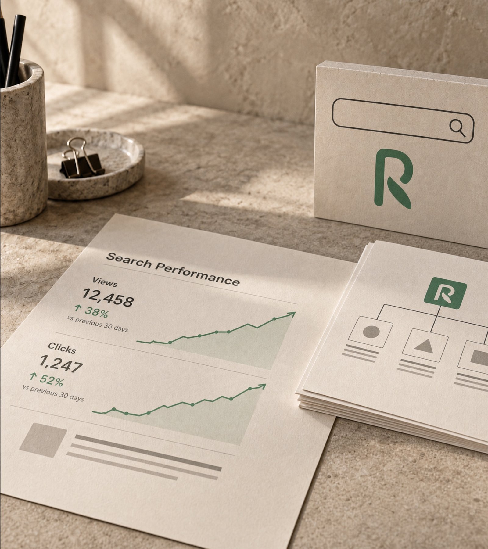 Conceptstudie van SEO met Respyre-branding, zoekprestatiegrafieken en een websitestructuur op beige papier.