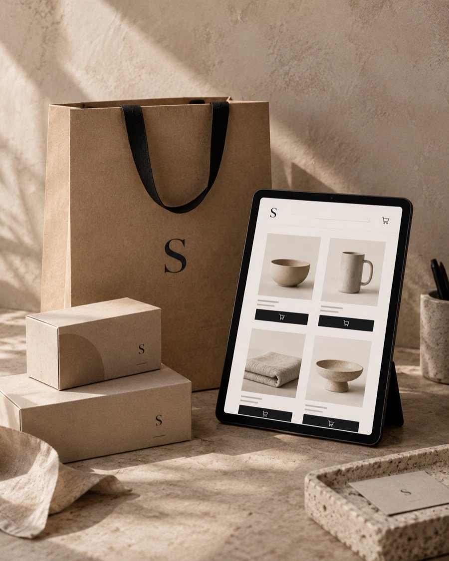 Conceptwebshop op een tablet naast een beige winkeltas en productverpakkingen.