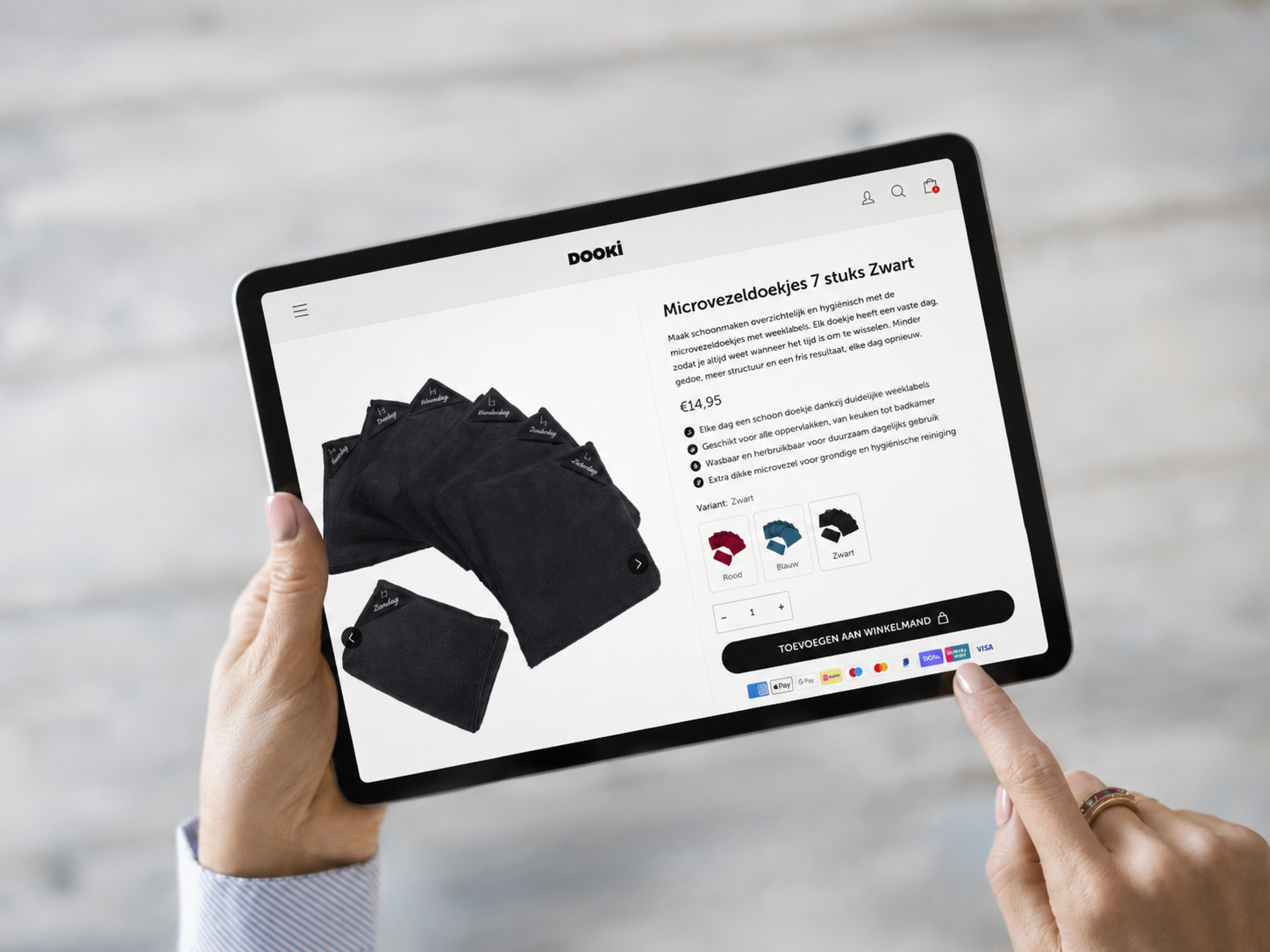 Dooki productpagina op tablet als Shopify webshop voorbeeld